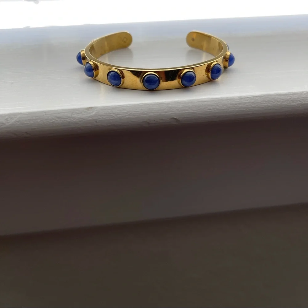 Kate Spade New York Signed Gold with Blue Marble Cabochon Studded Cuff Bracelet